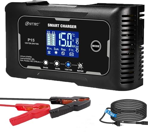 SolaMr 15A Auto-Batterie-Ladegerät, 12V und 24V Smart Automatic Battery Maintainer, Erhaltungsladegerät mit Temperaturkompensation für LKWs, Motorräder, Marine Lithium- und Blei-Säure-Batterien - P15