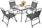 GIANTEX 5 TLG. Gartenmöbel Set 4 Klappstühle & 1 Glastisch, Terrassenmöbel Outdoor Metall & Textilene-Stoff, Gartentisch mit Schirmloch, Balkonmöbel für 4 Personen, Garten Sitzgruppe Gartengarnitur