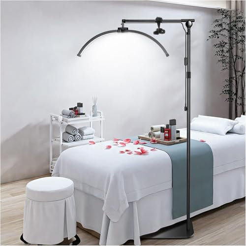 yAyusi Lámpara de Pie LED para Pestañas, Plegable para Extensiones, Media Luna con Soporte Teléfono, Regulable para Cuidado Piel/Tatuaje (Negro)