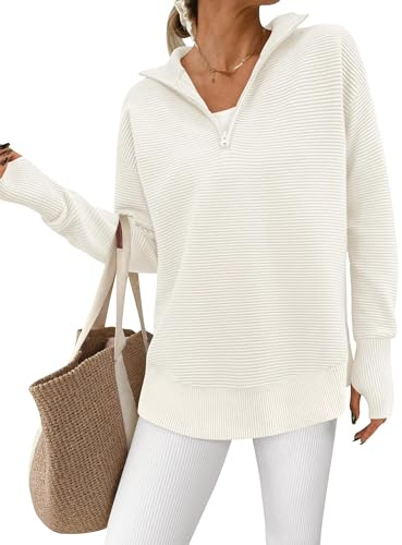 PRETTYGARDEN Womens Long Sleeve Quarter Zip Pullover Sweater Casual Loose V Neck Collared Ribbed Knit Jumper Tops Thumb Hole(White,Large)