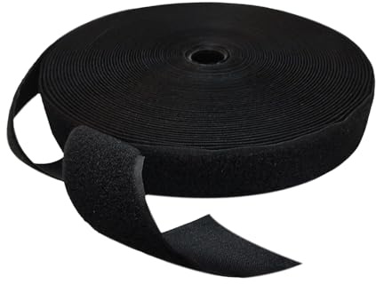 25 Metros Cinta de Cierre para Coser - Gancho y Felpa - Rollo de Cinta para Unir Cortinas, Alfombras, Telas, Fuerte Agarre, Hook and Loop, Blanco o Negro, (Negro, Felpa 25mm)