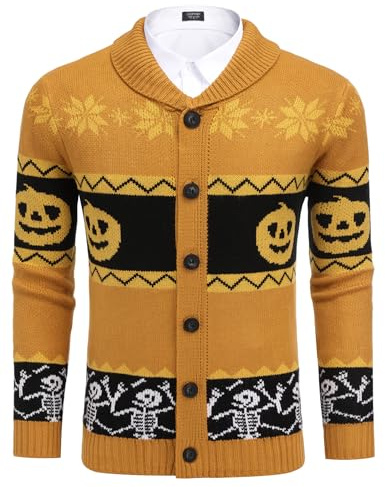 COOFANDY Men's Cardigan Christmas Sweater Knitted Sweater Reindeer Norwegian Ugly Sweater with Shawl Collar Pumpkin Color XXL