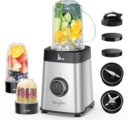 Sangcon Mixer für die Küche, Smoothie-Mixer, Personal Blender Combo für die Küche, 4-in-1-Krugmixer für Shakes und Smoothies, Mahlen und mehr, 40-oz-Behälter und 17-oz-Becher mit To-Go-Deckel
