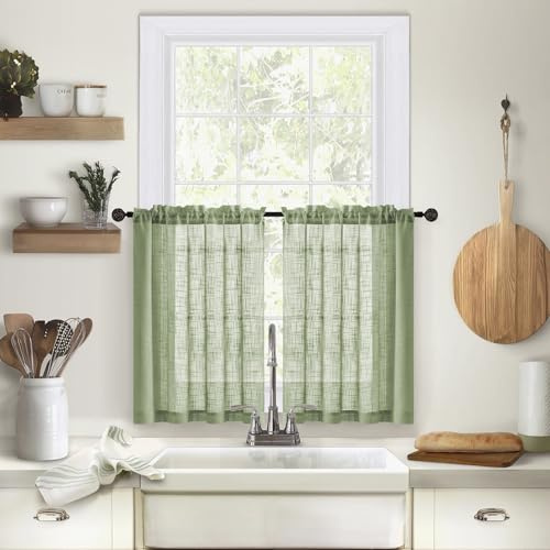 Tolldek Köksgardiner Ljusgrön, Enfärgad Spärrgardin Voile 2-pack Rod Pocket Polyester Halvtransparent Voile Gardin för Kök Vardagsrum, H63x B63.5cm
