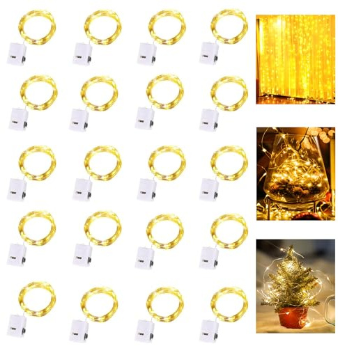 Dooozy 20 Pezzi Luci Stringa, 2M 20 LED 3 Modalità Lucine Led a Batteria Filo Di Rame, Catena Luminosa Impermeabile Decorative Natale per Esterni e Interni Feste Matrimonio(Bianco Caldo)