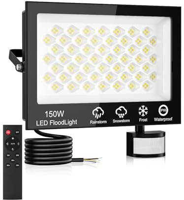 LED Strahler mit Bewegungsmelder Außen 150W,15000LM Superhell Scheinwerfer mit Fernbedienung,6500K Kaltweiß Außenstrahler,IP66 Wasserdicht LED Fluter Flutlicht,Außenlampe für Garten Garage Sportplatz