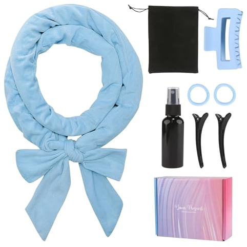 Set di 8 bigodini senza calore, per capelli lunghi e corti, in morbido velluto senza calore, per ricci durante la notte, include clip, fascia, flacone spray e clip per capelli, blu