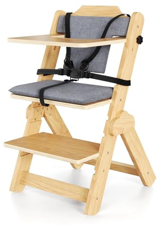 Niktulo Chaise Haute Bébé Evolutive – Avec Coussin, Plateau Repas, Arceau de Sécurité, Harnais 5 Points et Sangle d’Entrejambe,en Bois Naturel, Chaise d'alimentation, Évolutive, Réglable