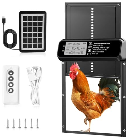 Automatic Chicken Coop Door Solar Powered, Auto Chicken Coop Door with Timer & Light Sensor, Aluminium Chicken Door with Anti-Pinch Safety, Weatherproof Coop Door for Chickens and Ducks