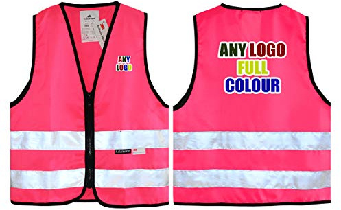 Personalised Full Colour Logo Pink Salzmann 3M Children's Safety Vest - High Visibility 3M Reflective Tape Hi-Vis Heavy Duty Zipper