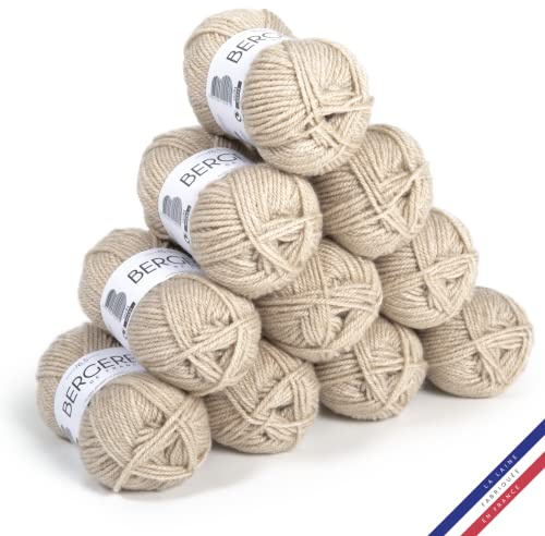 Bergère de France - BARISIENNE 7, lot de 10 pelotes de laine à tricoter et au crochet (10 x 50g) - 100% Acrylique - 6,5 mm - Fabrication Française - Gros Fil Rond très Doux - Beige (SABLE)
