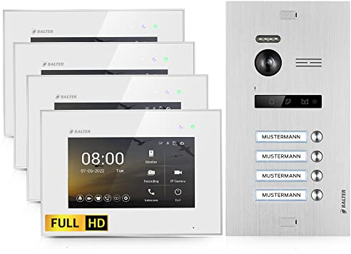 Balter EVO-HD Video Türsprechanlage, Video Türklingel mit Kamera, 4 familienhaus Klingel, 4 x 7 Zoll HD Monitor, Full HD-Kamera, 2 Draht Bus, Gegensprechanlage mit 175° Weitwinkel-Kamera