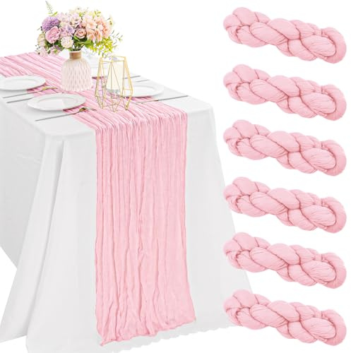 6 Pieces Pink Easter Spring 10FT Cheesecloth Table Runner Boho Gauze Fabric Table Runner Rustic Sheer Runner for Wedding Birthday Baby Shower Party Boho Table Decoration（Pink）