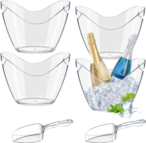 Lot de 6 seaux à glace en plastique transparent avec pelles à glace, 4 L en acrylique, seau à bière pour fête, vin, champagne ou bière, accessoires de bar