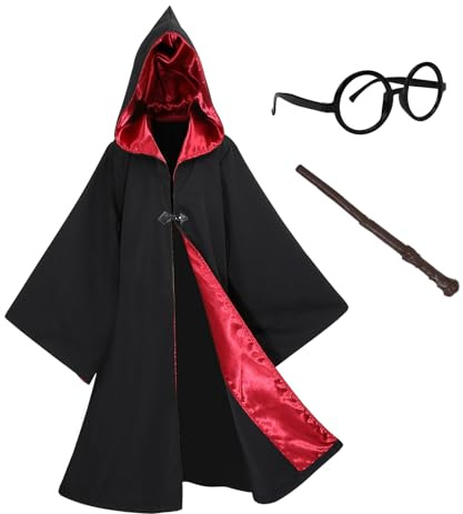 Sincere Party Cappotto magico nero con cappuccio per bambini, abito mago con bacchetta, occhiali, distintivo perfetto per la Giornata Mondiale del Libro 7-9 anni