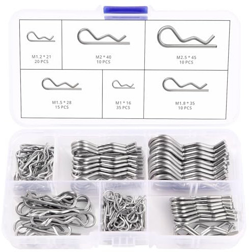 VooGenzek 100 Piezas 6 Tallas Kit Pasadores de Chaveta en Acero Inoxidable, Pasadores de Retención de Clips en R, Pasadores de Sujeción de Resorte, para Automoción, Mecánica, Garaje, Taller