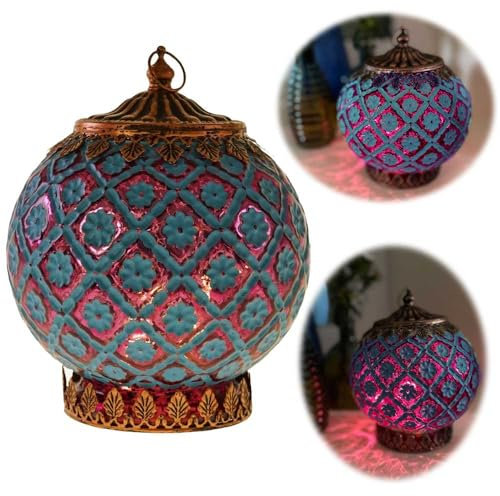 LS-LebenStil LED Glas Tischlaterne Kairo 15cm Türkis Blau orientalische Lampe mit Lichterkette Windlicht, Lichtkugel marokkanische Art, Ramadan, Hochzeit
