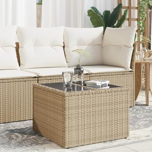 Somanki Gartentisch mit Glasplatte Beige 55x55x37 cm Poly Rattan, Gartentisch, Terrassentisch, Esstisch Garten, Gartenesstische, Gartenmöbel, Außentisch - 366058