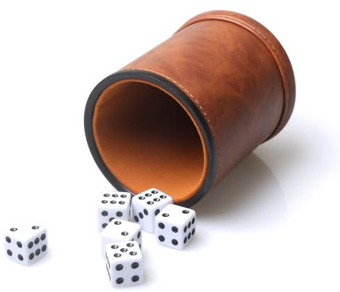 TOPTAN Brown PU Leather Dice Cup Set, Velvet Interior Quiet Dice Shaker Cup with 6 Dice for Liars Farkle Yahtzee Dice Games