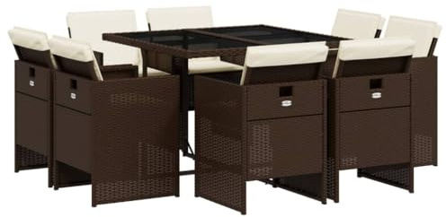 vidaXL Garten Essgruppe 9-TLG., Gartenmöbel Set Tisch mit 8 Stühle, Gartengarnitur mit Kissen, Sitzgruppe Essgarnitur Terrasse, Braun Poly Rattan