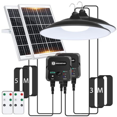 Aigostar - Lámpara solar exterior con sensor de movimiento y mando a distancia,2 piezas,cable de 8 m,batería de gran capacidad de 6000 mAh,gran panel solar,IP65.Luz solar para interior,jardín,camping