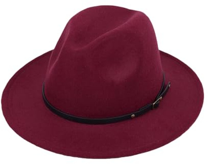 Unisex Fedora-Hut mit breiter Krempe und Gürtelschnalle, verstellbar, klassischer Panama-Kirchenhut für Damen und Herren, weinrot, M