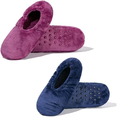 GLENMEARL 2 Pairs Slipper Socks for Women with Grippers Non Slip Soft Sole Winter Warm Slippers (Purple+Navy, Adult, Women, 7.5, Numeric Range, US Footwear Size System, 9.5, Medium)