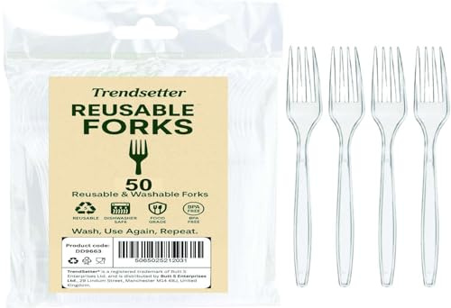 Trendsetter 50 Pieces Heavy Duty Clear Reusable and Washable Fork-Reusable Food-Safe Forks,Reusable Dinner Fork Set Strong Washable & Durable Long-Lasting Cutlery