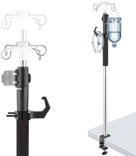 Crilealym Table IV Poles Telescopic,32 to 56In Portable Desktop IV Stand with Storage Bag 4 Hooks IV Bag Holder Frosted Pipe Extension Pole IV Influsion Pole for Home Hospital Clinic (Stainless Steel)