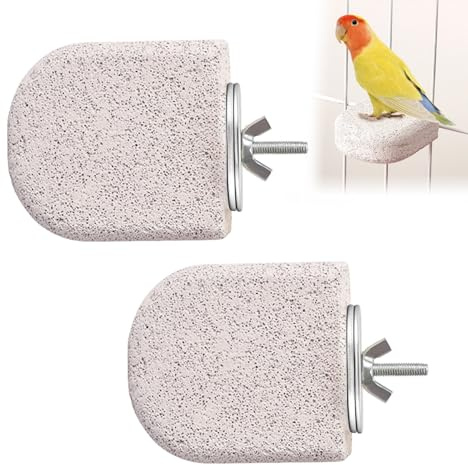 2Pcs Bird Grinding Stone Perch Set, Natural Pumice Budgie Toys | Lava Ledges for Nail and Beak Care, Easy-Attach Cage Perches for Cockatiels, Conures and Other Small Birds, Light Grey
