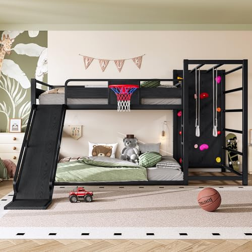 FUvellamo Metal Full Over Full Bunk Bed with Slide and Bookshelf, Modern Heavy Duty Bunk Bed with Basketball Hoop, Pull-Up Rings and Climbing Wall, Low Playhouse Loft Bed for Kids, Black
