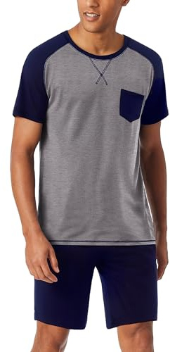 Aseniza Pyjama Homme Été Coton Court Short Ensembles de Pyjama Shorty Vêtements de Nuit Homme Manches Courtes Col Rond Confortables et Respirants