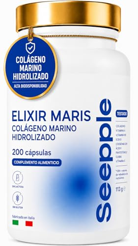 ELIXIR MARIS - Complemento alimenticio con colágeno marino hidrolizado, ácido hialurónico, vitamina C, coenzima Q10, zinc y biotina para la piel y la elasticidad - 200 cápsulas - Fabricado en Italia