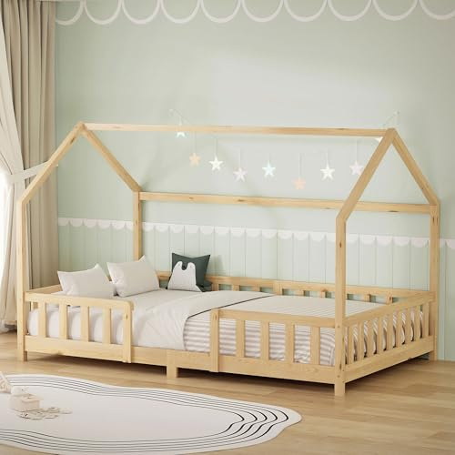 ML-Design Barnsäng 120x200 cm med fallskydd Montessori hussäng och ribbotten i massivt furu natur stabil säker låg säng för barnrum flickor pojkar trä sängram med tak ungdomssäng enkelsäng