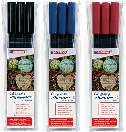 edding 1255 Kalligrafie-Stift - Farbe: schwarz, karmesin rot und blau - Ideal für Kalligraphie und Lettering auf nahezu allen Oberflächen - Made in Germany