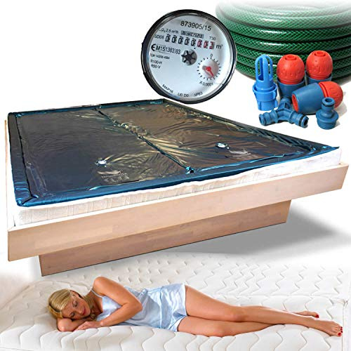 Traumreiter 2X Wasserbettmatratze für Wasserbetten + Sicherheitswanne + Schlauch + Wasserzähler für richtige Wasserbett Füllmenge I Wasserkern Wasserbett Matratze 180 x 200 cm Plüsch