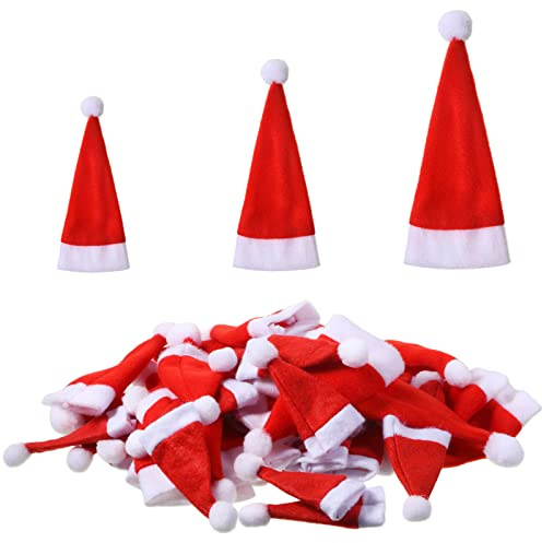 SATINIOR 48 mini sombreros de Papá Noel de 7 pulgadas, 4.8 pulgadas, 2.8 pulgadas, mini sombrero de Navidad, sombrero de piruleta de Navidad para manualidades, botella de vino, caramelo, muñeca,