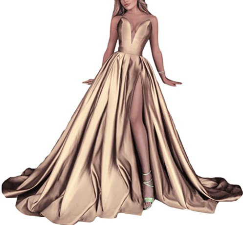 ORANDESIGNE Robes de Soirée élégantes pour Dames Robe De Bal Longue Fendue Sexy Dos Nu en Satin épaules Nues sans Manches Taille Haute Queue Robe pour Soirée Bal Cocktail M Or M