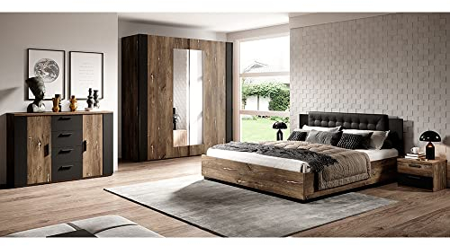 Lomadox Schlafzimmer Set inkl. Bett und Lattenrost, Liegefläche 180 x 200 cm in Flagstaf Eiche dunkel Nb. und Silber, kombiniert mit schwarz