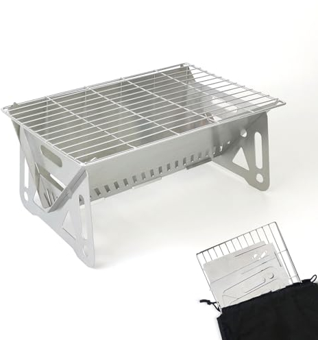 PHOJEWI Mini parrilla portátil de carbón, parrilla pequeña para barbacoa, hoguera de mesa, camping, patio, al aire libre, acero inoxidable, plegable, parrilla de mochilero