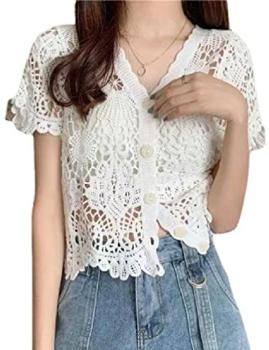 Myazs Boléro d'été à manches courtes en dentelle pour femme - Boléro ajouré en tricot au crochet - Col en V boutonné - Haut court transparent pour veste de plage - Cardigan au crochet pour femme -