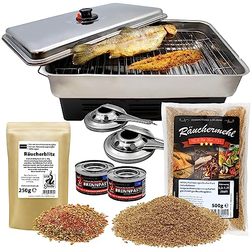 Eversmoke Horno para ahumar de mesa de acero inoxidable XL con pasta de combustión, horno para ahumar con serrín, especias, quemador, Parrilla – inoxidable