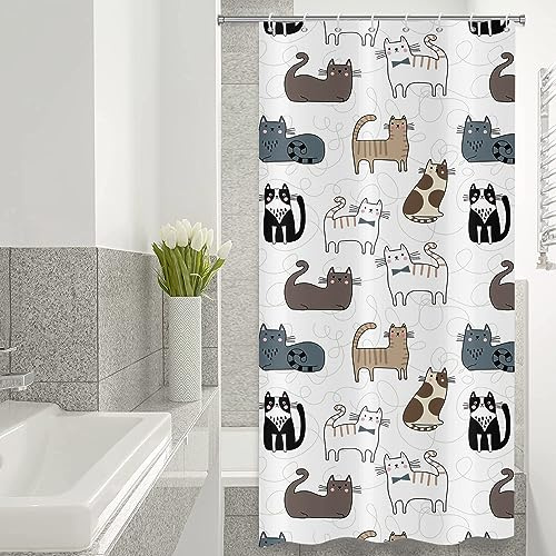ASDCXZ Rideau de Douche Mince 120x180 cm, Chat de Dessin animé Mignon Enfants Blanc Lavables avec Oeillets Rideau Douche imperméable en Textile pour Baignoire avec 8 Crochets