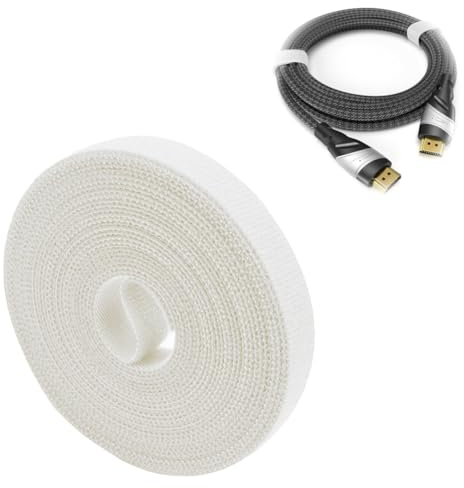 LJFEA Abrazaderas para Cables 15mm x 5m – Corte a Medida, Reutilizable (Rollo de Cinta de para Cortar, Hook and Loop resellable, Conecta Cables y Mucho más) Blanco