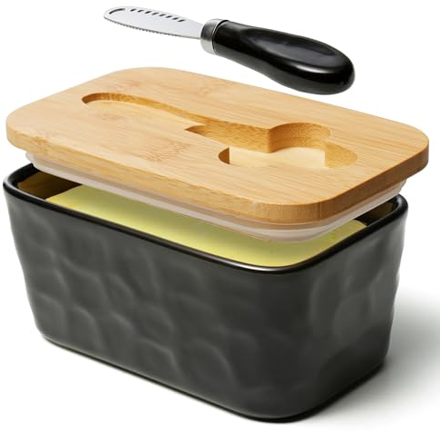 NEOPOO Butter Dish with Bamboo Lid and Knife Made of Ceramic Butter Dishes 16.5 ✖ 10 ✖ 7.5 cm ( 500 ML Capacity / Black)