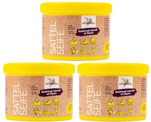 RL24 Bense & Eicke - Sattelseife mit Schwamm | Lederreiniger für Glattleder | rückfettende Lederpflege | Lederseife für Schuhe, Autositze, Taschen & Reitsättel | 3 x 500 ml Dose (3er Set)