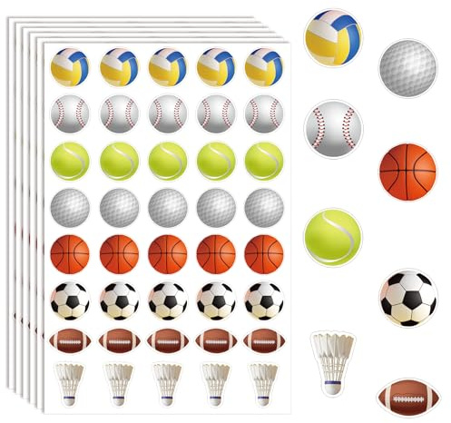 500Pcs Mixed Sports Balls Stickers 1.5inch Basketball Baseball Soccer Football Tennis Golf Badminton Volleyball Themed Party Wall Decorations for Kids Teacher Birthday Party