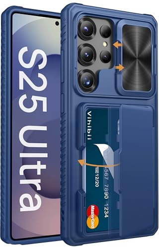 Vihibii for Samsung Galaxy S25 Ultra Case with Card Holder (4 Cards), [RFID Blocking] & Slide Camera Cover & Raised Edge Protect Screen, Shockproof Rugged Phone Case for Galaxy S25 Ultra 6.9 5G, Blue