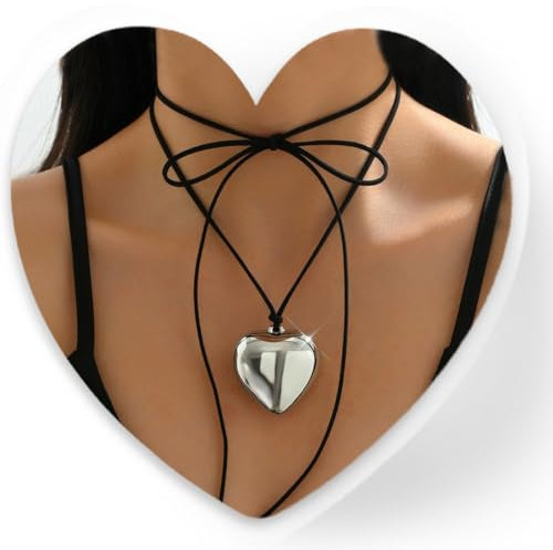 JEYORZY 1 Pcs Collana Girocollo a Cuore in Pelle a Strati Vintage Collana Girocollo in Velluto Nero Collana con Ciondolo a Cuore Gonfio in Argento Collana Girocollo Donna Regali Compleanno