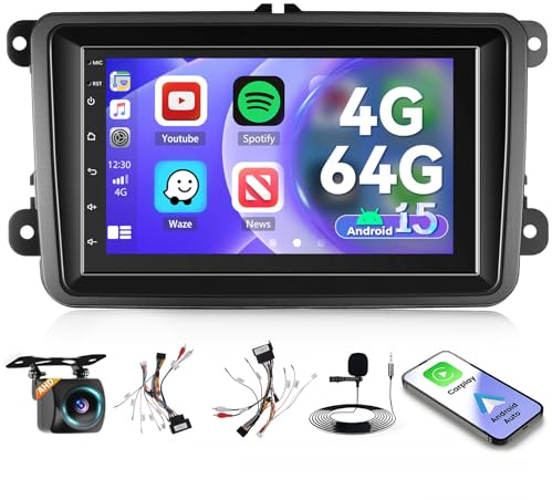 [4G+64G] Inefala Android 15 bilradio för VW Golf Passat Tiguan Polo Caddy Skoda Touran med trådlös CarPlay Android Auto, 7-tums pekskärm bilstereo Bluetooth med GPS WiFi RDS/FM SWC backkamera mikrofon